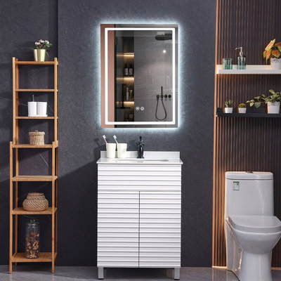 Meuble-lavabo autoportant 24 po avec lavabo en céramique et miroir anti-buée à DEL 24 po x 32 po - Blanc