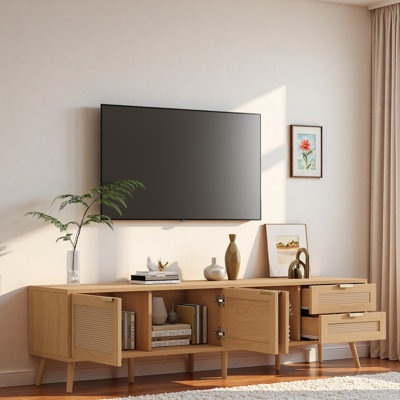 Modern Tv Stand With Rattan Doors, 2 Drawers, 3 Storage Cabinets And Cable Holes
