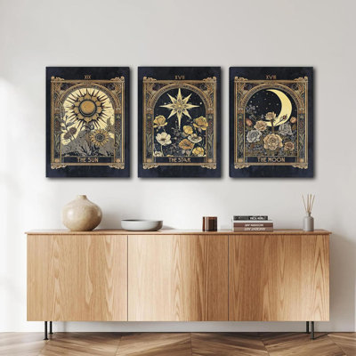 Sun Moon Star Tarot Card, ensemble de 3 reproductions d'art gothique céleste rétro, peintures d'astrologie mystique, décoration murale Witchy Dark Academy, bureau de chambre à coucher, 12 x 16 po