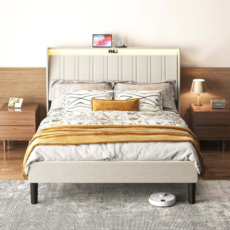 Platform Bed Frame with Fabric Upholstered Headboard and Wooden Slats Support, Full