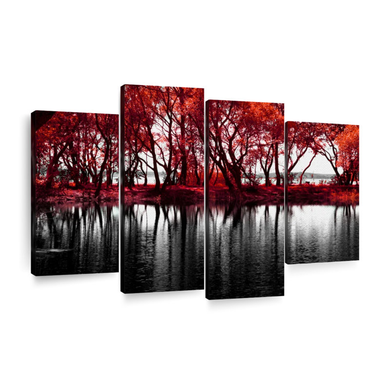 «Pop Lakeside Red Trees», reproduction d'art sur toile, H 32 po x l 52 po x P 1,25 po