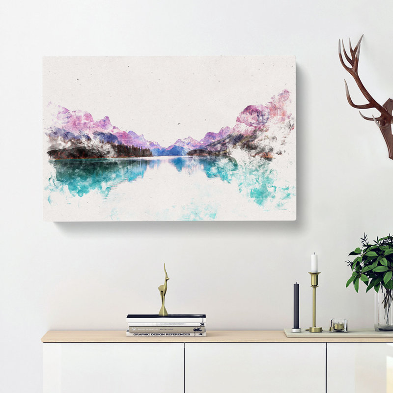 Maligne Lake Scene in Canada Watercolour - Wrapped Canvas, 35cm H x 50cm W x 3cm D