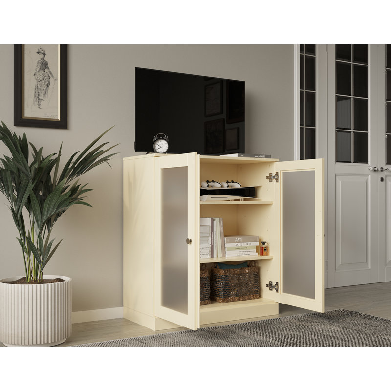 Meuble télé 100% bois massif avec portes en verre givré et tablettes réglables pour téléviseur de 32 po ou moins, Jaune