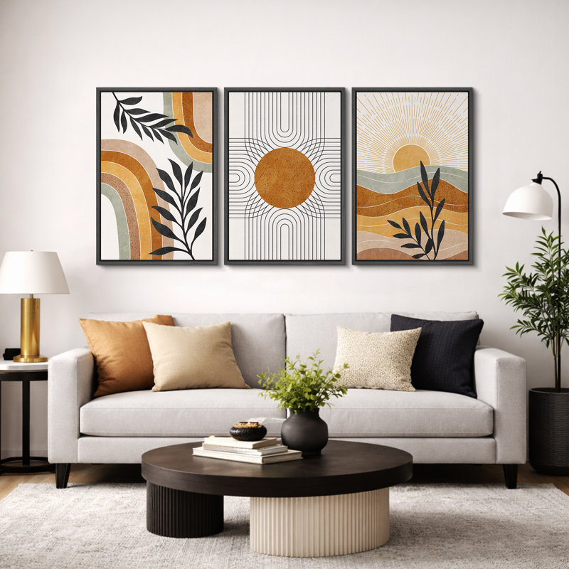 Mid Century Modern Boho "Western Orange Brown Sun Artwork, Abstract Vibrant Plant Pictures, Framed Canvas 3 Pieces Giclee Print Wall Art" 16"x24"x3 pcs, 24"x36"x3 pcs