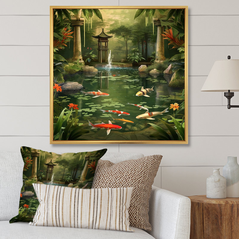 Bamboo and Koi Pond Showcase I - Art mural en bambou, H 24 po x l 24 po x P 1 po, Cadre flottant doré