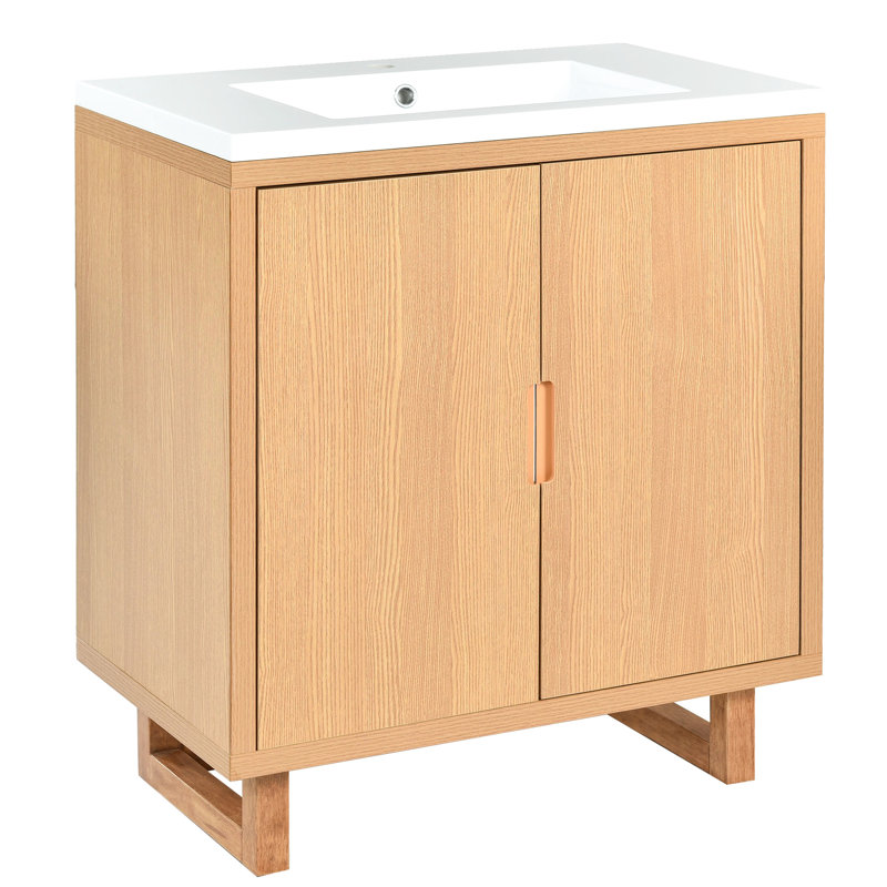 Meuble-lavabo de 30 po avec lavabo et armoire - grand rangement, cadre en bois massif, portes à fermeture douce, bois au design minimaliste, tapis de sol Scratch, rangement élégant