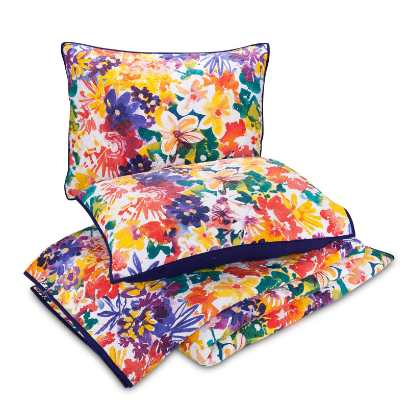 Garden in Bloom Floral 100% Cotton Reversible Quilt Set, Full/Queen Quilt + 2 Standard Shams