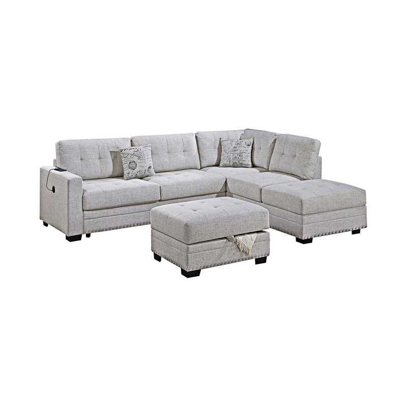 Canapé modulaire rembourré en L avec repose-pieds, Beige / neutre