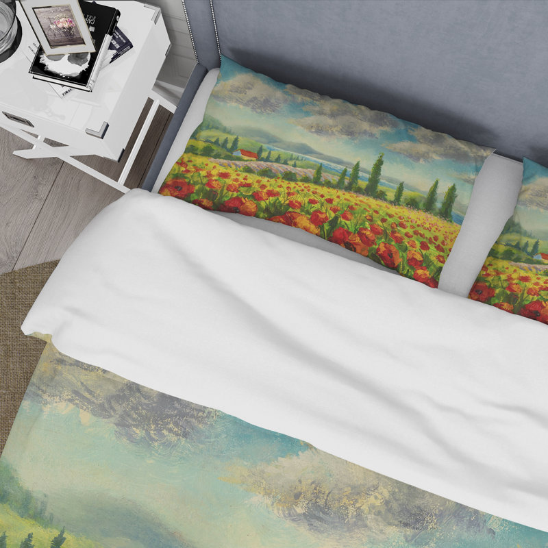 Magnifique paysage avec des fleurs de coquelicots en Italie - Ensemble de housse de couette en polyester traditionnel