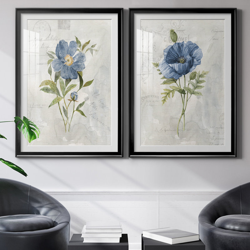 Blue Linen Peony - ensemble de 2 reproductions d'art, H 26,5 po x l 73 po x P 1,5 po, Papier encadré noir, Blanc