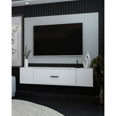 Modern White TV Stand, 59.1 x 13.0 x 13.0 inches | 100% Melamine Coated Particle Board, Thickness: 0.7 inches | Wall-Mountable, Sleek Design, Perfect for Living Room & Entertainment Spaces, Durable & Stylish