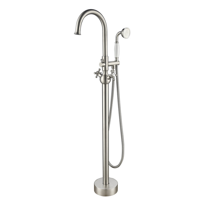 Topcraft Double Handle Floor Mounted Freestanding Bathtub Faucet Tub Filler with Handheld Shower, Brused Nickel