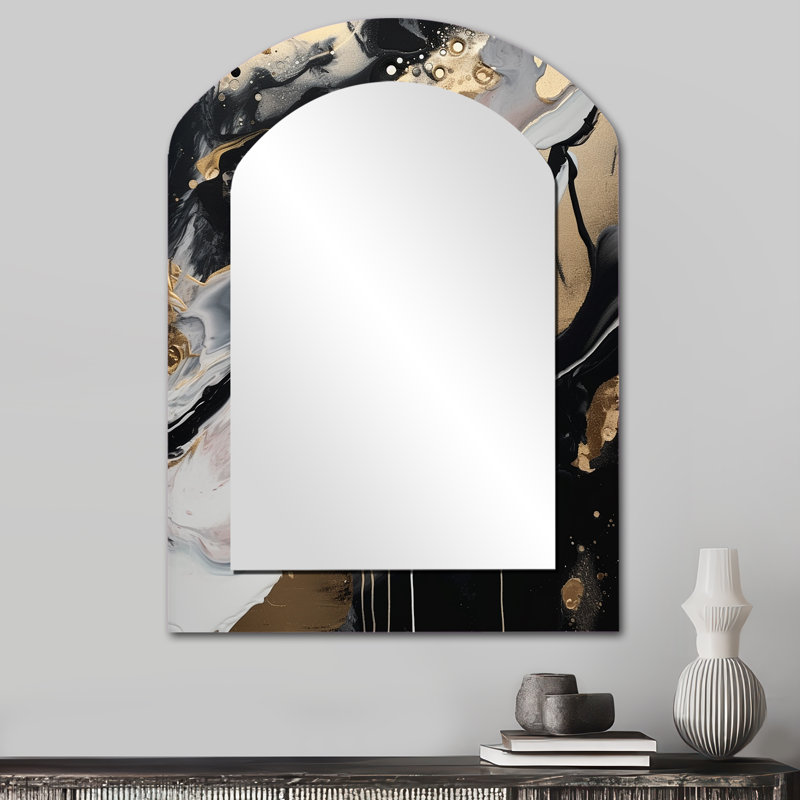 Back And Gold Marble Medley III - Marble Asymmetrical Unique Mirror, Black Arch Large Wall Mirror, Printed Metal Art