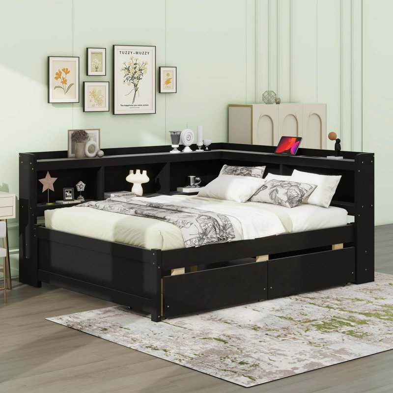 Lit en forme de L avec bibliothèques avec prises de courant, ports de chargement USB, deux tiroirs, Lit double, Espresso