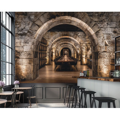 Rustic Peel and Stick Wallpaper Luxury Wine Cellar Tunnel Barrel Warm Lighting Wall Murals 69"H x 96"W Removable PVC Wall Paper Self-Adhesive Wall Decor for Bedroom Living Room Home Office