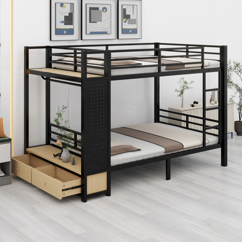 Lit superposé en métal pour les adolescents avec tablettes de rangement, tiroirs et panneau perforé, Double sur double