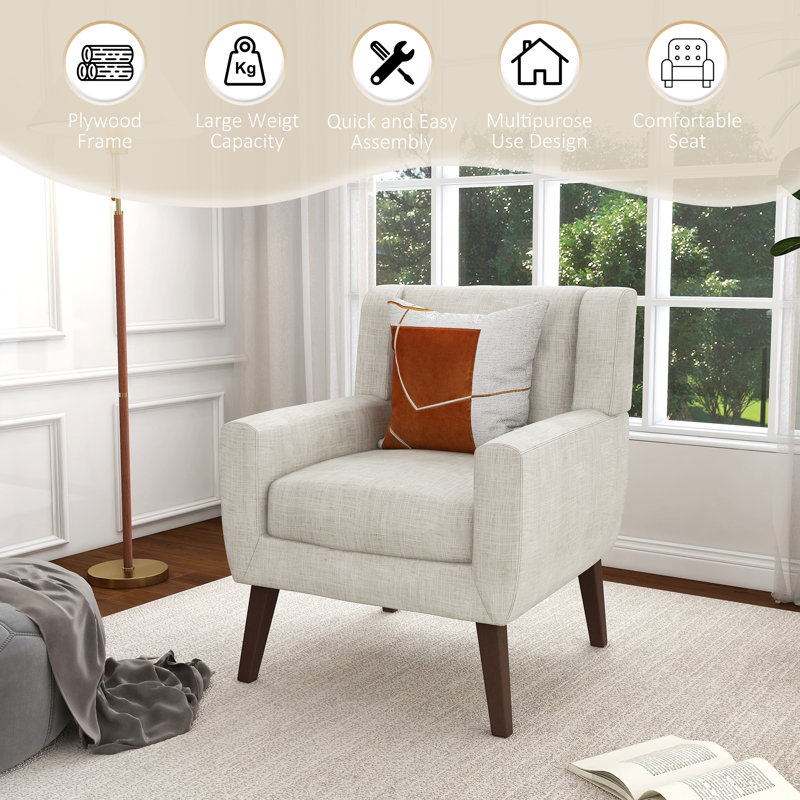 Jaqueze Upholstered Beige Linen Blend Tufted Wide Back Armchair with Solid Wood Leg, Beige Linen Blend