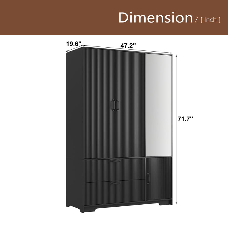 Armoire 4 portes avec miroir, armoire à DEL avec portes et 2 tiroirs, armoire de rangement en bois avec tringle, tablettes réglables