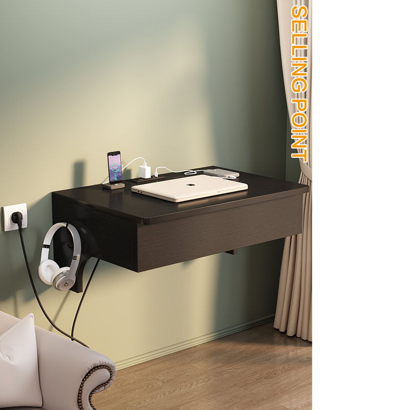 Wall-mounted charging desk, small-sized wall-mounted storage table for small rooms, Black
