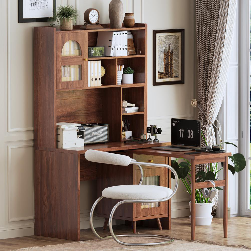 George Oliver 43x70 Inch Rotating Computer Desk with Storage for Home ...