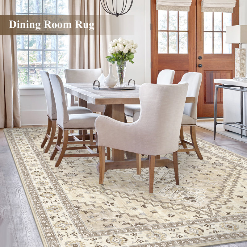 Boho Chic Washable Area Rug - Non-Slip Vintage Design Low Pile Carpet , Soft Floor Rug for Living Room, Bedroom & Dining Room