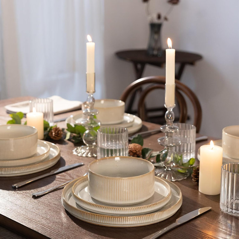 Azal Stoneware Dinnerware Sets, Dish Set, Cappuccino White