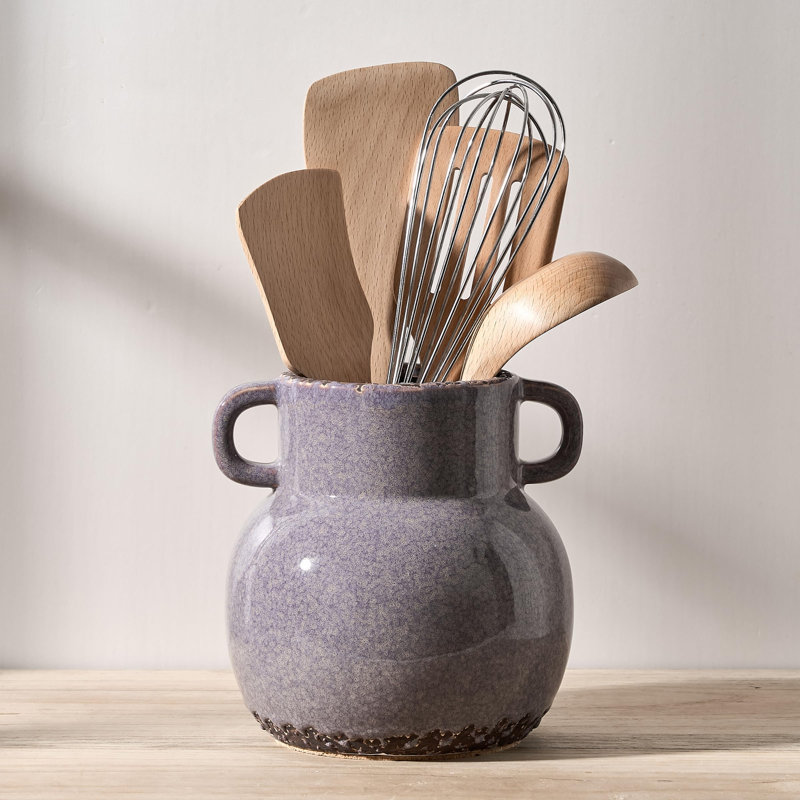 Porte-ustensiles de cuisine avec poignée, pot à ustensiles de ferme en céramique 6,85 "pour comptoir, range-ustensiles avec fond en liège