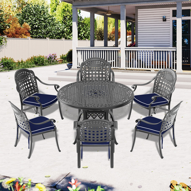 (Coussins de couleurs aléatoires) Ensemble de meubles de patio en aluminium coulé avec coussins, 6