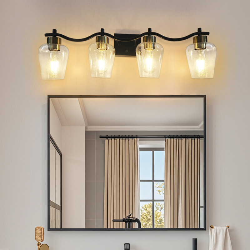 Éclairage pour meuble-lavabo noir avec abat-jour en verre bullé, Quatre lumières