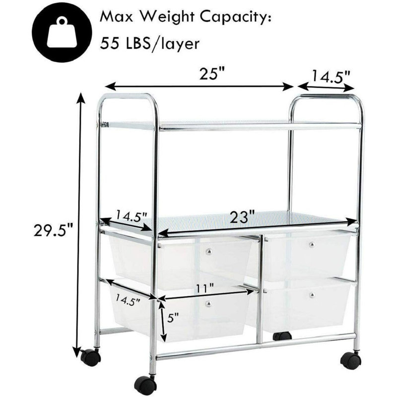 29.5'' H x 25'' W Utility Cart with Wheels, Silver/Clear