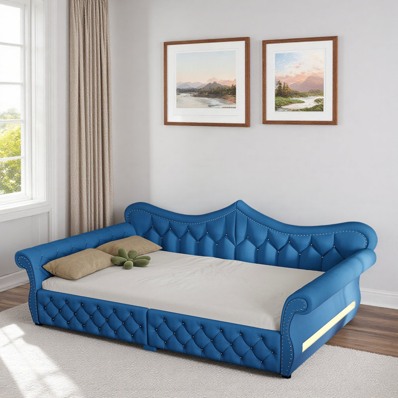 Upholstered Daybed With Led And Nail Head Decoration, Blue