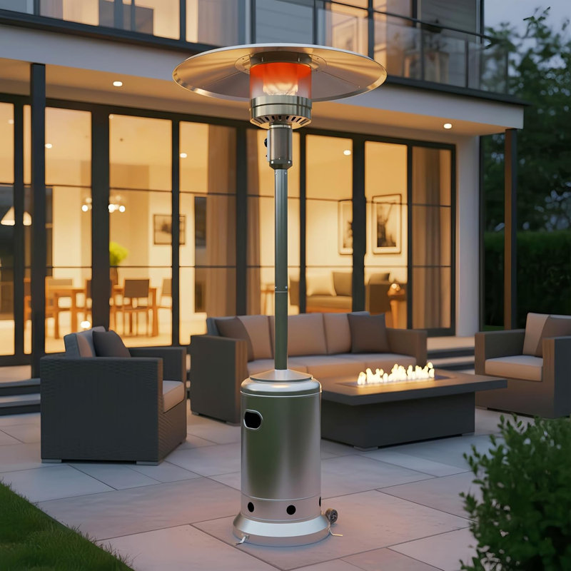 Chauffe-terrasse autoportant au propane 50 000 BTU avec roues, auto-extensible et brûleur à double couche en acier inoxydable (argent)