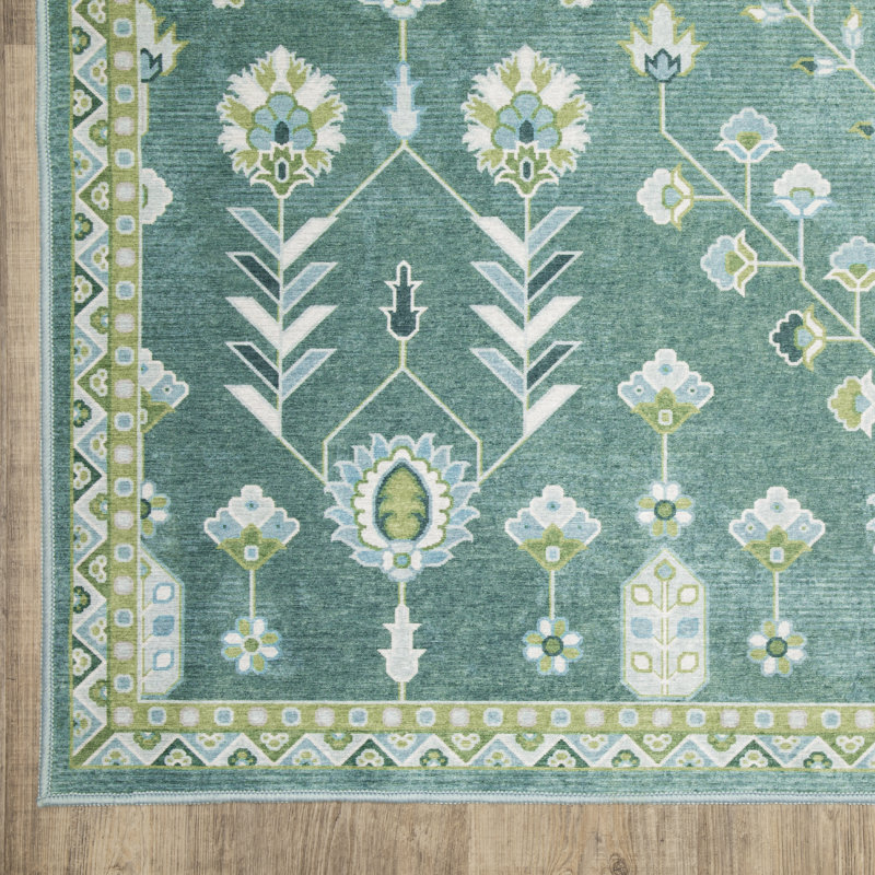 Kugler Vintage Traditional Teal/ Green Printed Washable Flat Pile Area Rug, Rectangle 6'7" x 9'2"