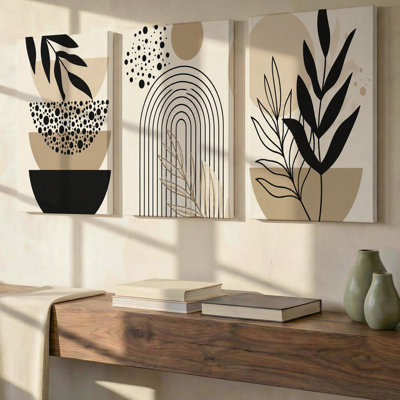 Triptyque exclusif en 3 pièces, noir et beige, à motifs botaniques et géométriques, style scandinave, grand format, sur toile, pour salon, chambre et bureau.