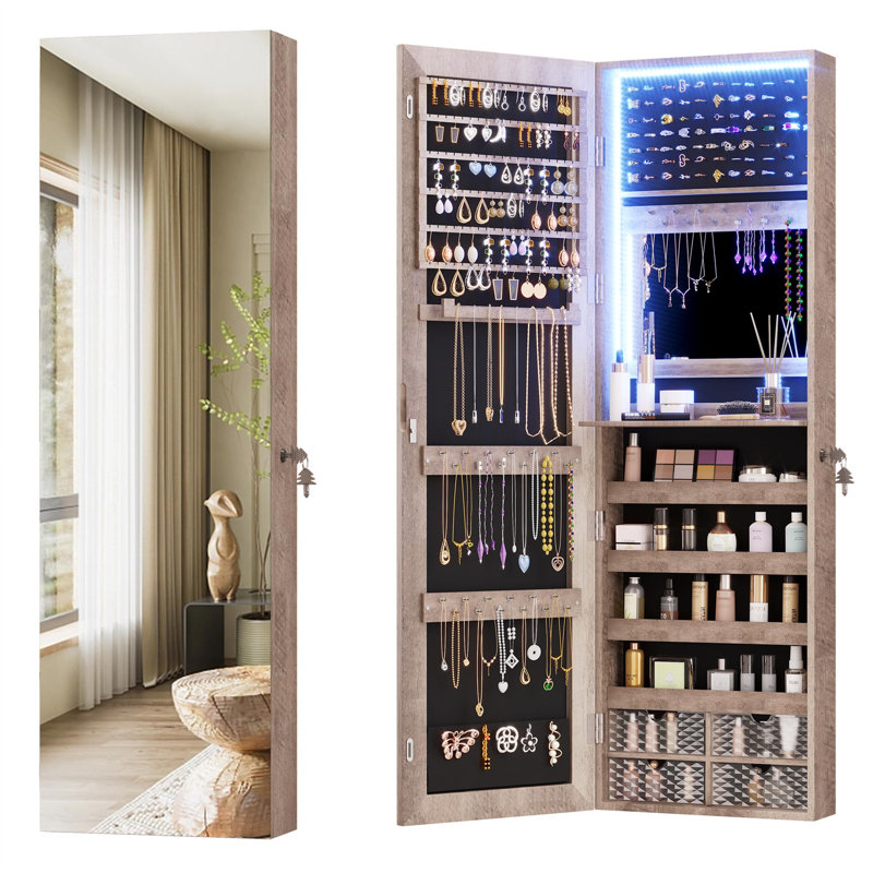 Armoire à bijoux moderne en bois - grand rangement, deux miroirs, fixation murale / porte, Brun