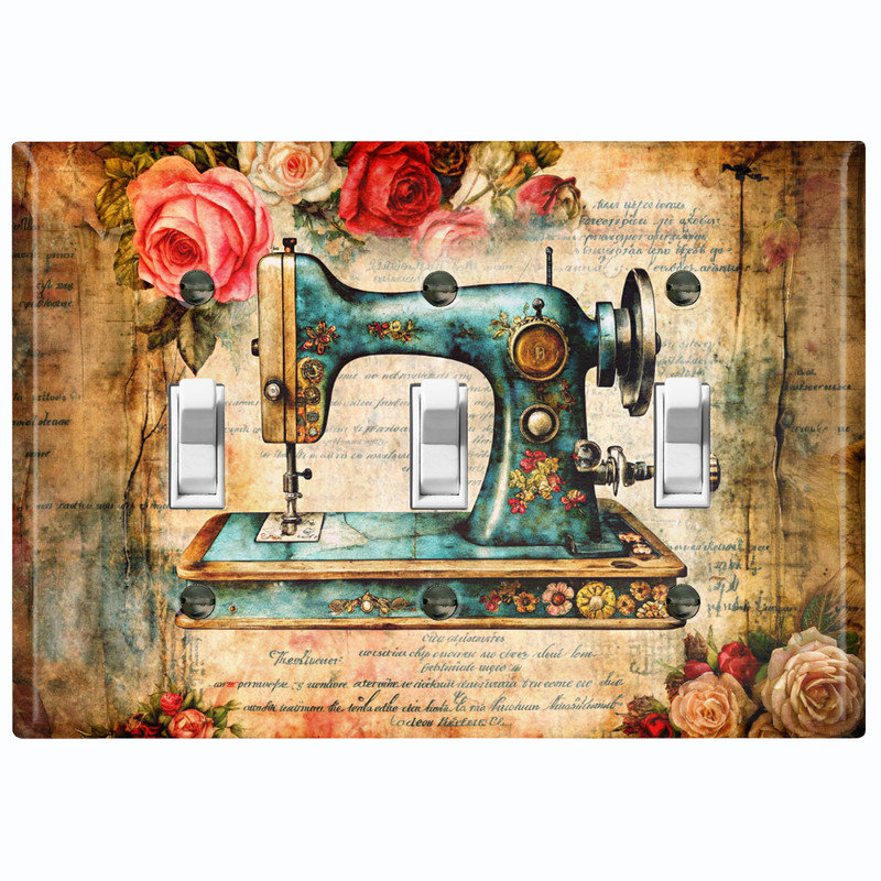 Plaque de protection métallique pour interrupteur ; interrupteur à bascule triple, taille standard américaine ; motif floral pour machine à coudre