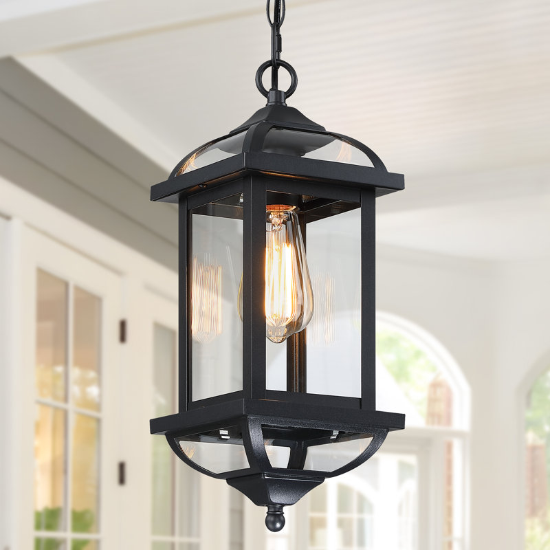 16" 1-Light Industrial Black Outdoor Pendant Light with Glass Shade