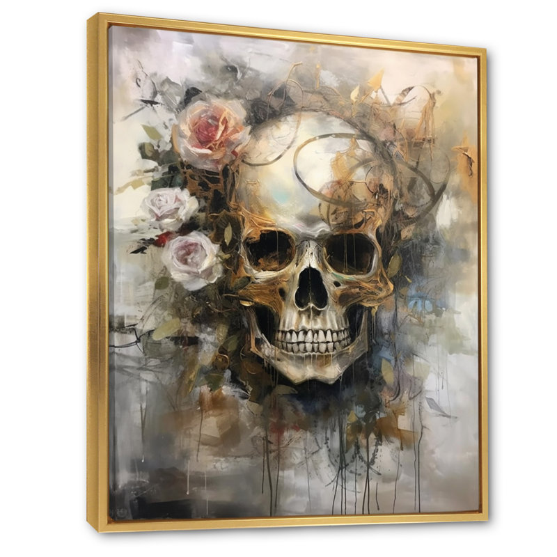" Skull Blooming Roses ", 40" H x 30" W x 1.5" D, Gold Floater Framed