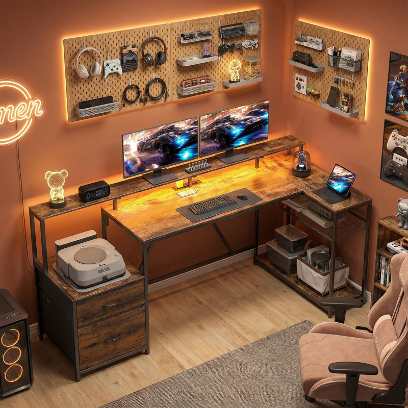 Bureau de jeu 76 po réversible avec lumières RVB et ports USB, brun rustique, Brun / Noir