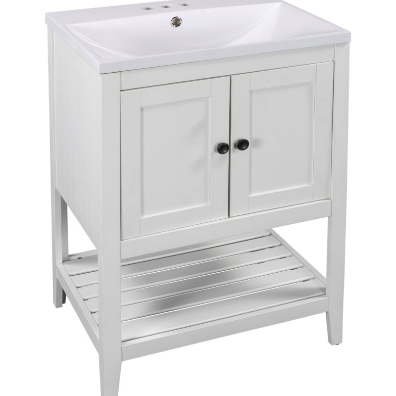 Meuble-lavabo blanc 24 po - Fabrication en bois massif, lavabo en céramique, bois massif, design moderne élégant