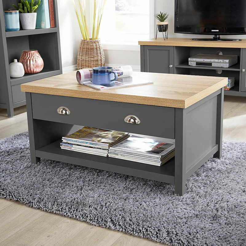 Dinah Floor Shelf Coffee Table with 2 Storage Drawers 36mm Thick Top, Graphite/Oak