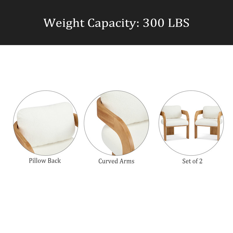 Ensemble de 2 chaises de salle à manger avec dossier coussiné, Naturel, Bouclé blanc