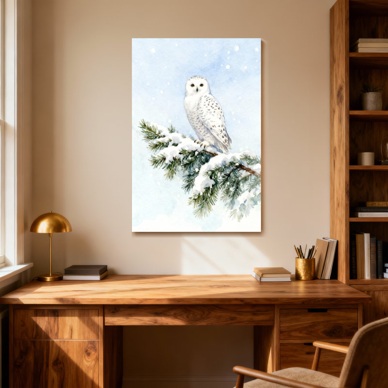 Animaux, hibou des neiges perché sur une branche enneigée, H 18 po x l 12 po