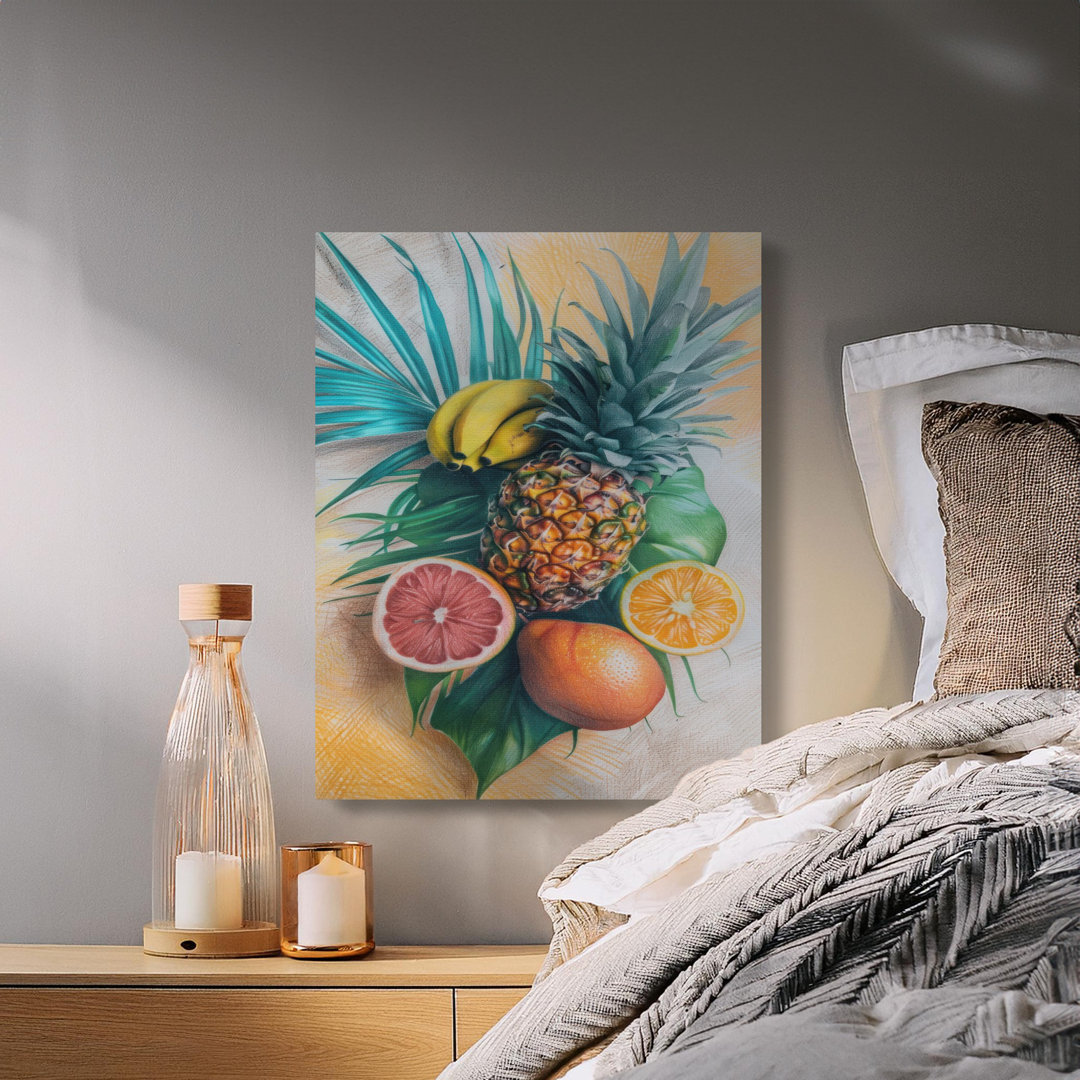 Tropical Fruit Canvas Wall Art, Vibrant Pineapple Banana Grapefruit Orange Print, Modern Kitchen Decor, Gallery Wrapped, Ready to Hang