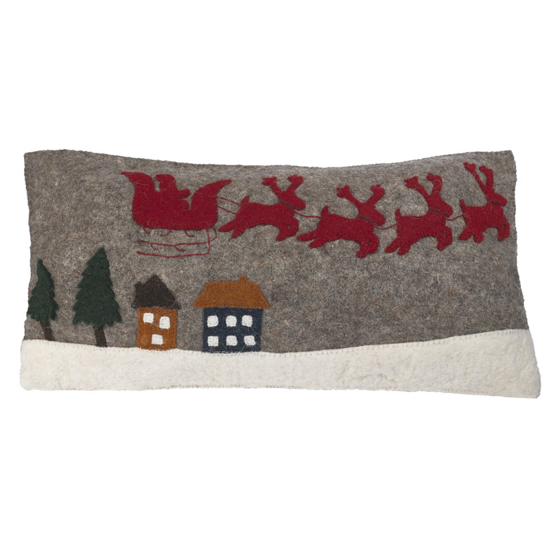 Hand Felted Wool Christmas Pillow Cover, Sleigh with Village, 12x24, Pillow Cover Only - No Insert