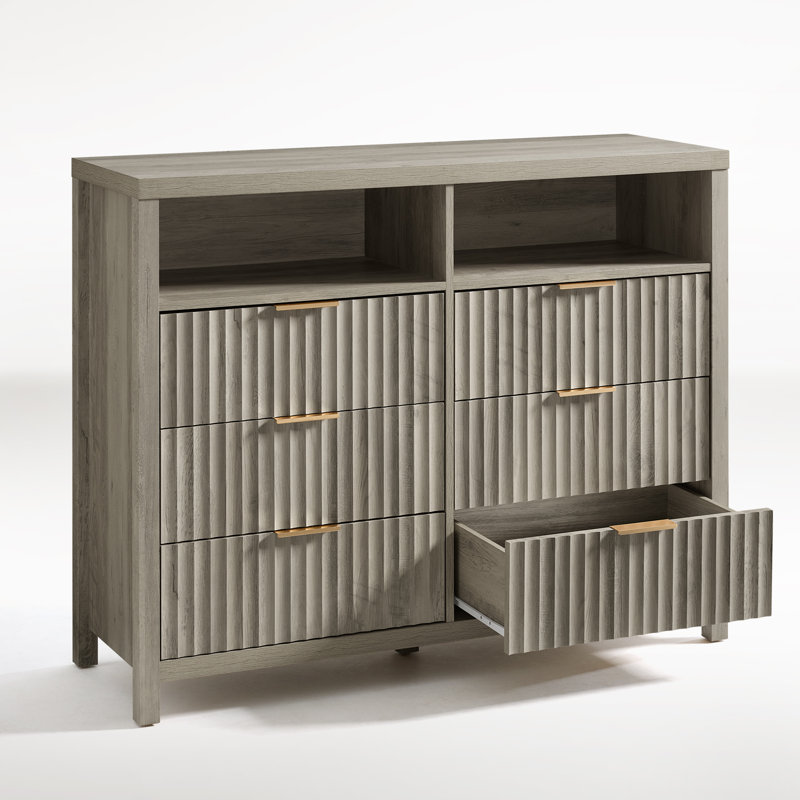 Commode à 6 tiroirs avec tablette média Arrilla, Chêne gris-beige