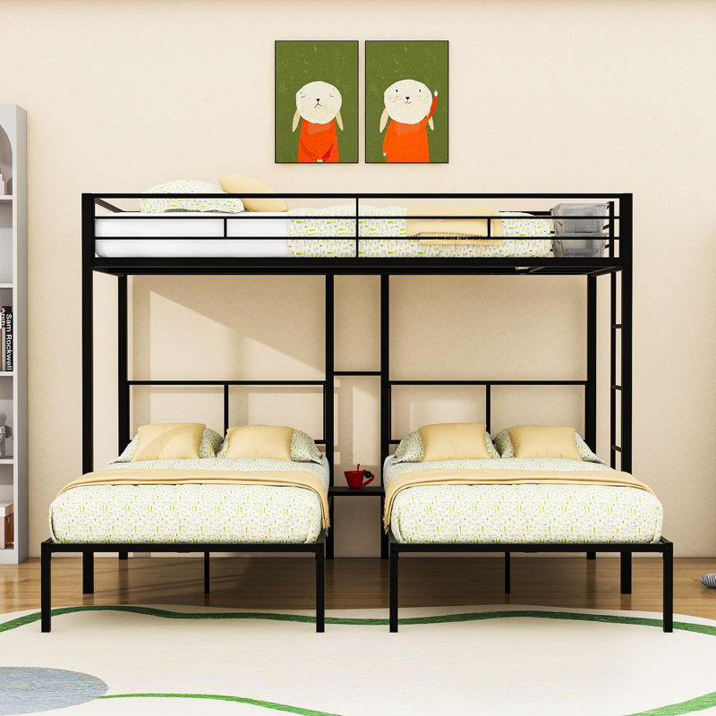 Twin Over Twin And Twin Metal L-Shaped Triple Bunk Bed With Built-In Side Table And Ladder