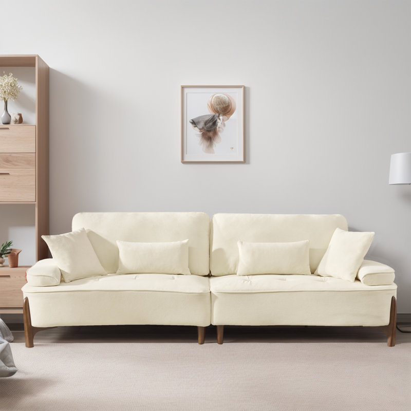 102.98" W Pillow Top Arm Tufted Seat Sofa With Solid Wood Legs, Beige