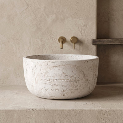 15'' Circular Solid Surface Vessel Bathroom Sink with Textured Travertine Finish, Matte Natural Stone Appearance Basin