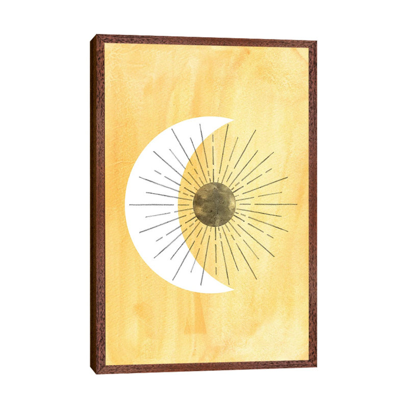 Abstract Yellow Sun And Crescent - Painting on Canvas, 66.04cm H x 45.72cm W x 3.81cm D, Classic Brown Wood Framed